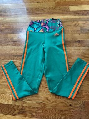 Farm rio adidas Teal Leggings with Orange Stripes and Colorful Waistband